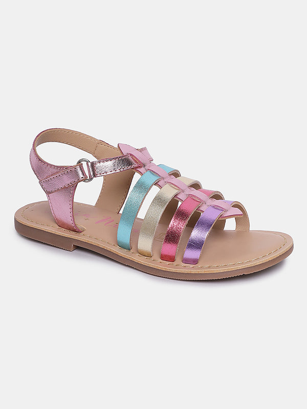 Aria Nica Lisa girls' multi-strap flat sandals in multicolour with colourful metallic straps