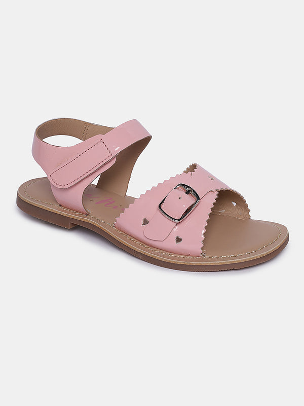 Aria Nica Leah girls' scalloped flat sandals in baby pink with heart cut-outs and a buckle detail