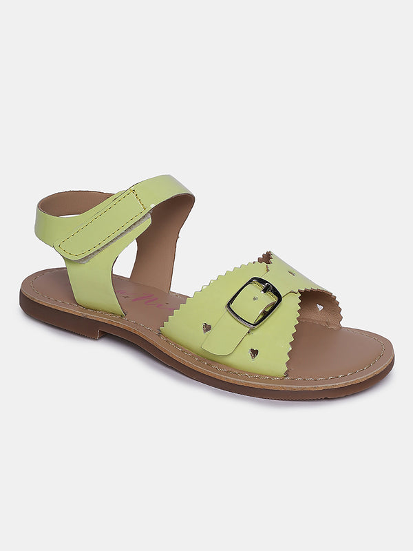 Aria Nica Leah girls' scalloped flat sandals in lime with heart cut-outs and a buckle detail