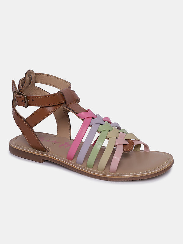 Aria Nica Isla girls' gladiator flat sandals in multicolour with knotted heart straps